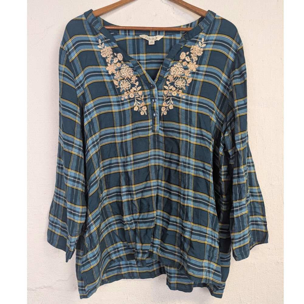 Pioneer Woman Embroidered Plaid Popover Top Teal Floral Cottage Western Size XXL